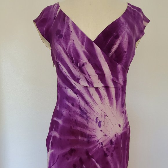 NEW Silk Painted Purple Short short sleeve cocktail Dress bridesmaid party work